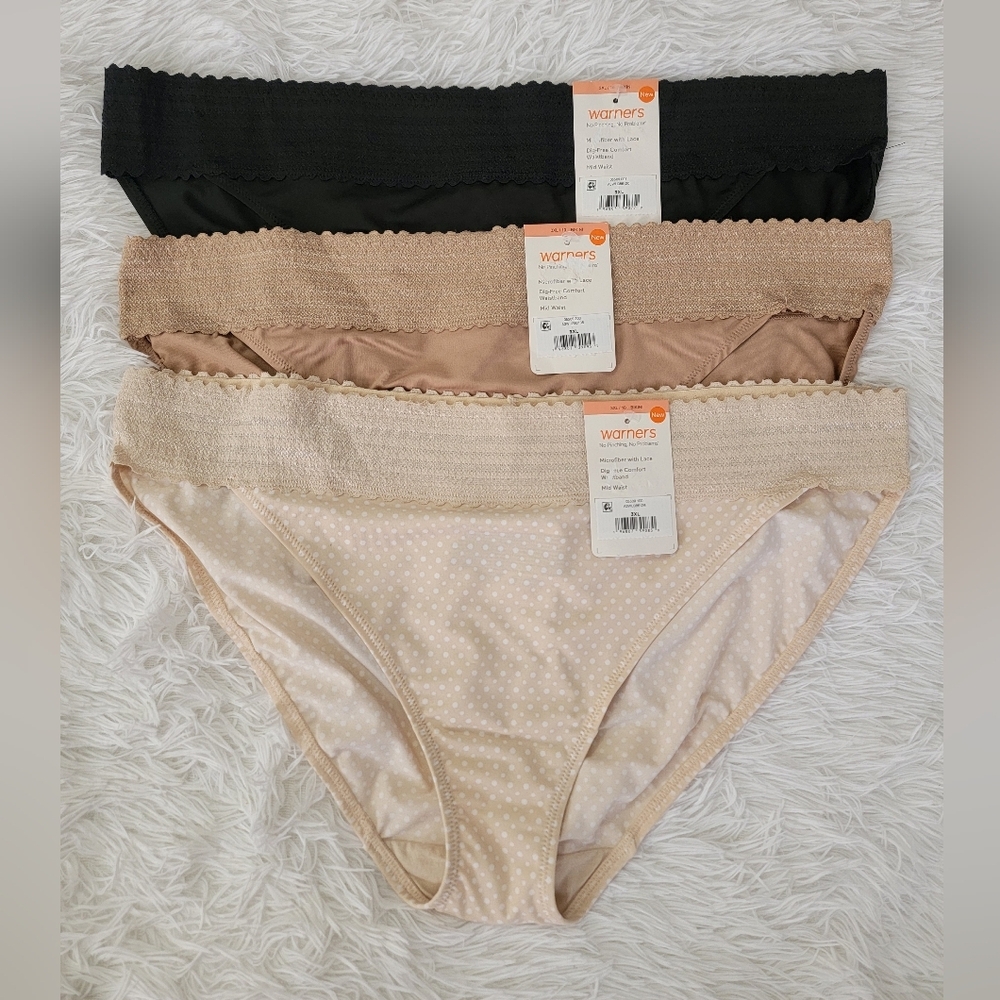 🆕️ Warner's Bikini Mid Waist Women's Panties Black, Tan, Cream Set Of 3 -3XL/10